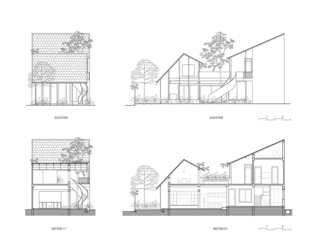 Ngôi nhà được lợp bằng hệ thống mái ngói đỏ truyền thống, dốc 2 chiều vừa tạo gió bẫy vừa giúp tầm nhìn không gian trở nên đa dạng hơn. Độ phủ của mái tạo ra các khoảng đệm chuyển tiếp giữa bên trong và bên ngoài, sân trước - sân trong - sân mái.