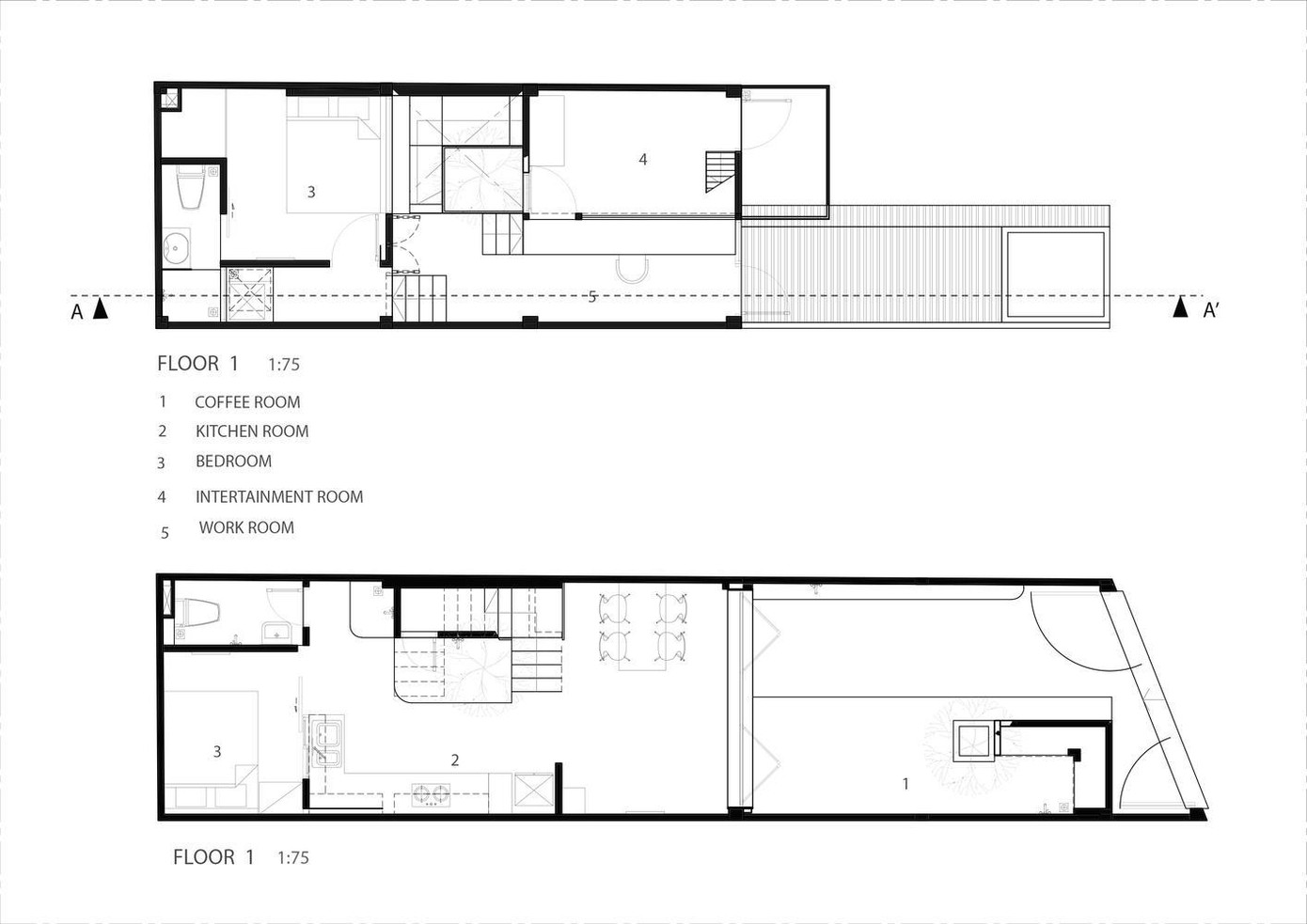 Bản vẽ thiết kế của tầng 1 (1: Nơi bán cà phê; 2: Phòng bếp; 3: Phòng ngủ: 4: Phòng vui chơi).