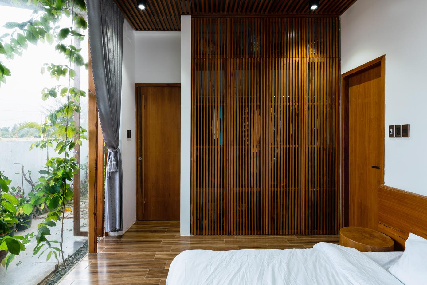 Ngôi nhà được bao phủ bởi tấm polycarbonate và dây leo từ mái nhà. Bằng cách đó, chúng ta có thể ngăn chặn bức xạ mặt trời trên các bức tường kính.