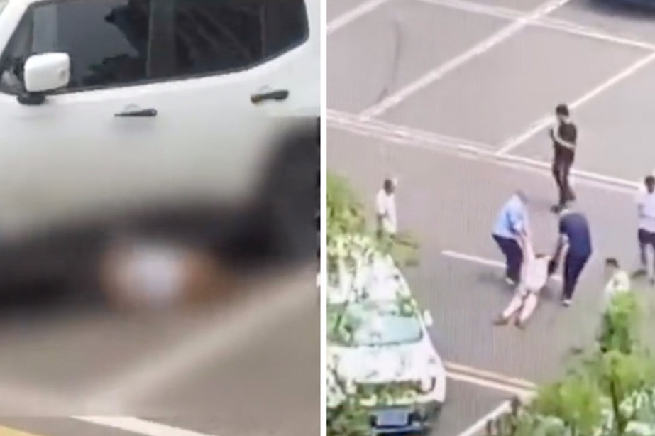 Chiếc xe trắng nhiều lần cán lên người nạn nhân ở bãi đỗ. (Ảnh từ clip)