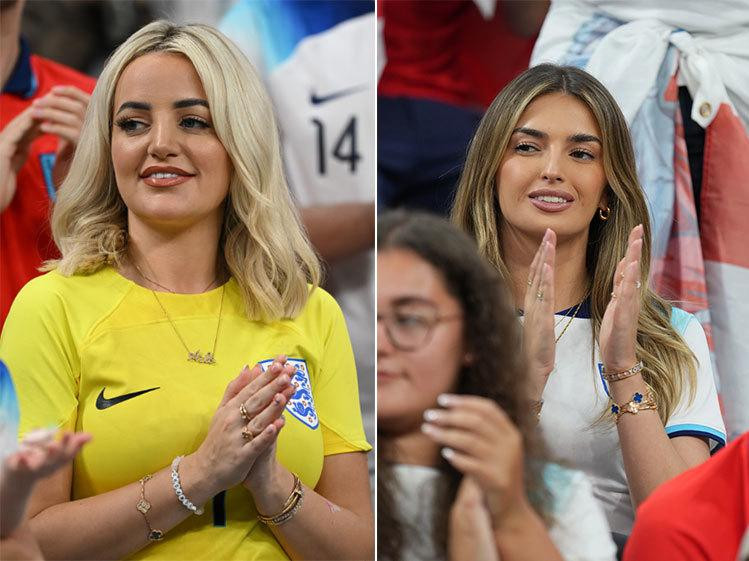 Trên khán đài trận đấu giữa Anh và Senegal, tất cả nàng WAG đều có mặt. Họ đều mặc áo của đội tuyển, trang điểm nhẹ nhưng vẫn nổi bật. Trong ảnh là vợ của cầu thủ Pickford (trái) và bạn gái Grealish.