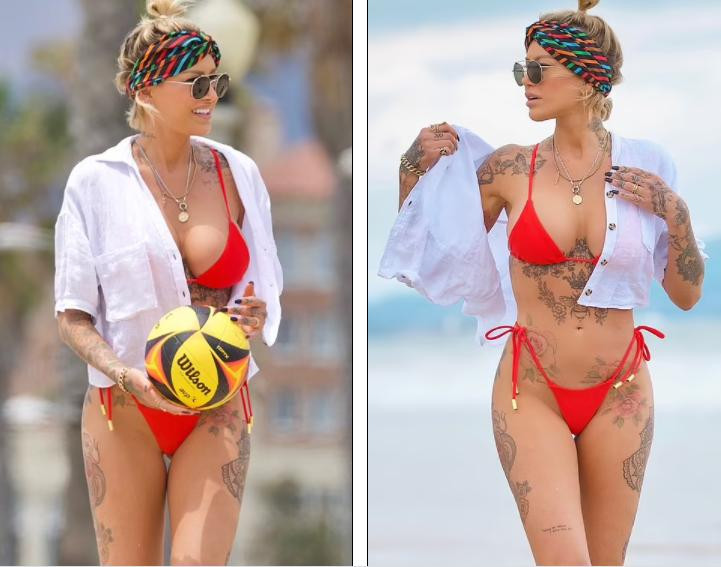 Nàng mẫu đình đám người Úc chiếm trọn spotlight trên bãi biển với bộ bikini đỏ rực, phô body nảy nở nuột nà nhưng lại phủ ngập hình xăm.