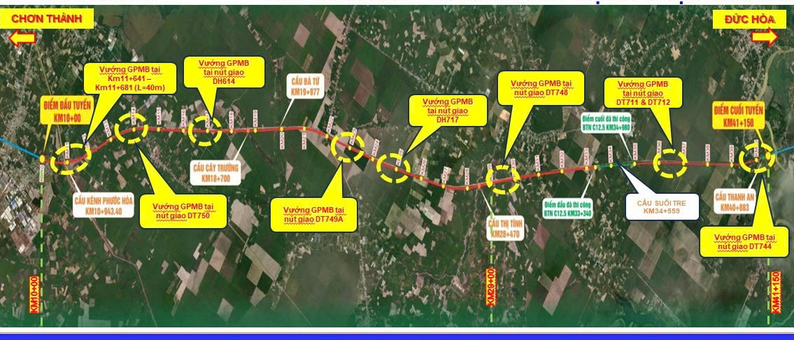 Vị trí tuyến đường Hồ Chí Minh đi qua các tỉnh Bình Phước, Bình Dương, Tây Ninh và Long An.