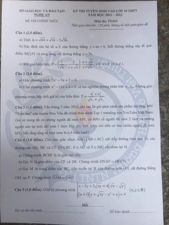 Nội dung đề thi tuyển lớp 10 môn Toán tỉnh Nghệ An với sự xuất hiện của Đen Vâu và MV &quot;Trốn Tìm&quot; được teen thích thú.