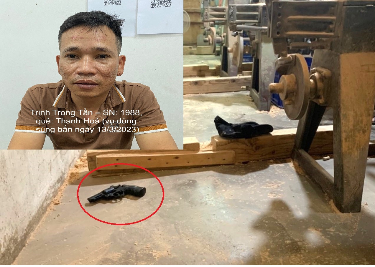 Chân dung đối tượng Trịnh Trọng Tần và khẩu súng tại hiện trường Ảnh Công an cung cấp Chân dung đối tượng Trịnh Trọng Tần và khẩu súng tại hiện trường Ảnh Công an cung cấp