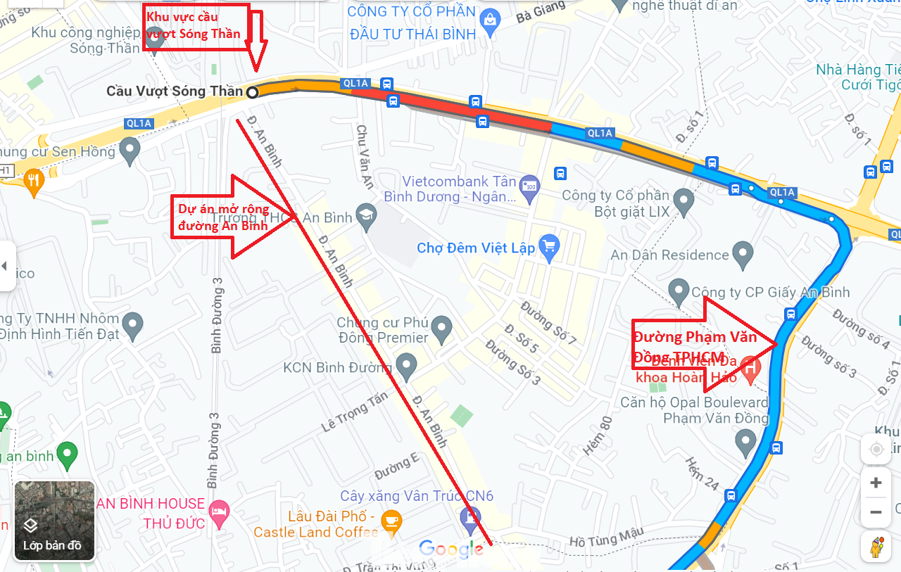 Dự án nút giao Sóng Thần với đường Phạm Văn Đồng (đường màu xanh) và dự án đường An Bình (đường màu đỏ)