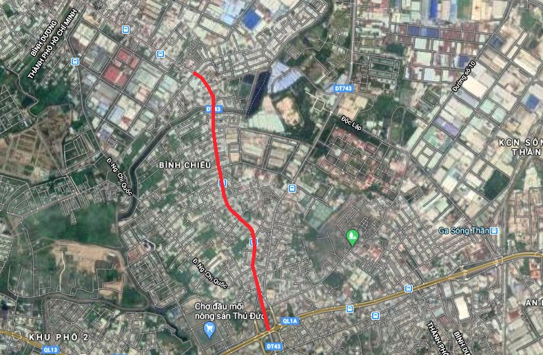 Vị trí triển khai được cao tốc TP.HCM - Thủ Dầu Một - Chơn Thành (đường chỉ đỏ) nhìn từ vệ tinh