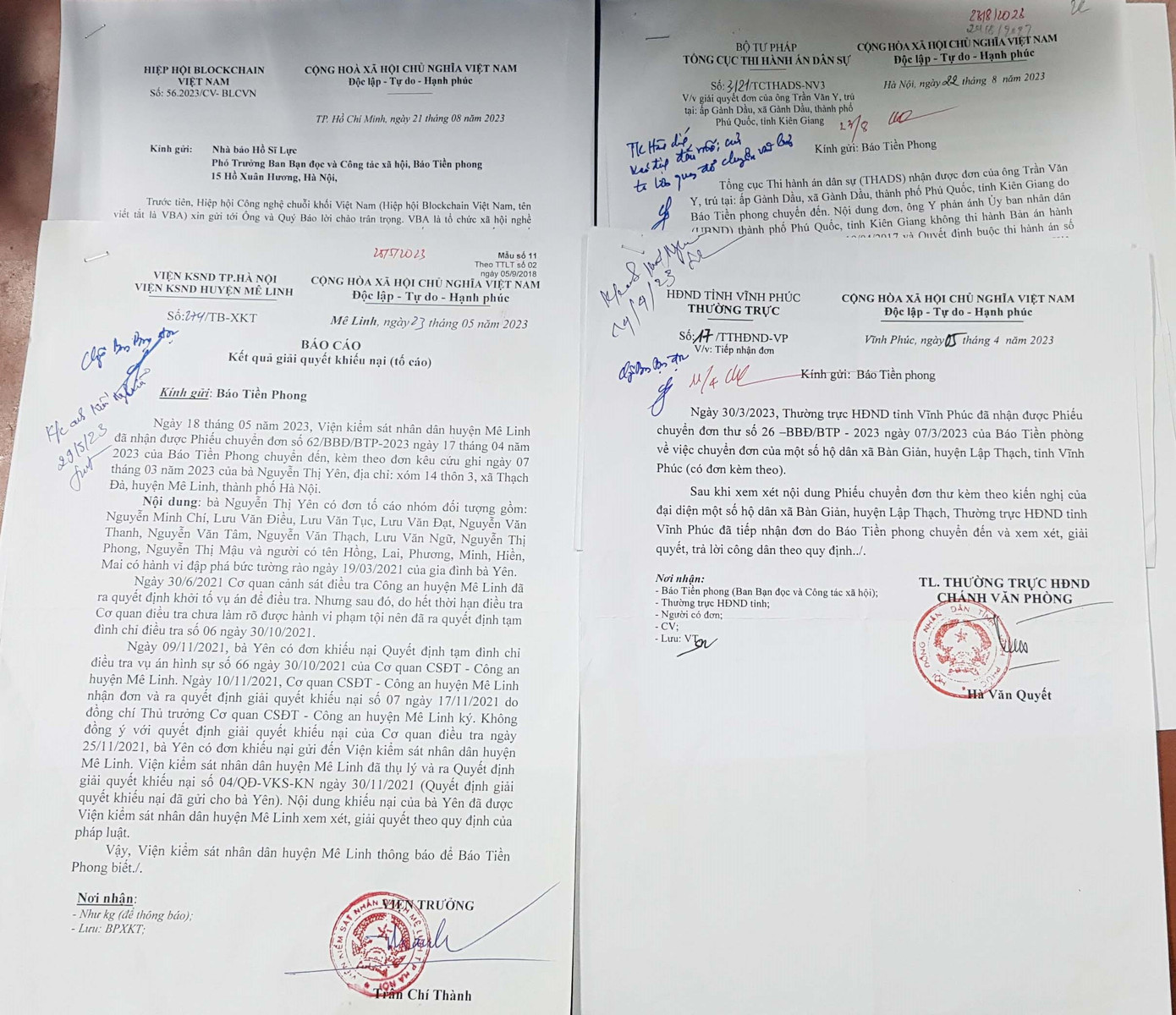 Một số văn bản trả lời báo Tiền Phong của các cơ quan chức năng