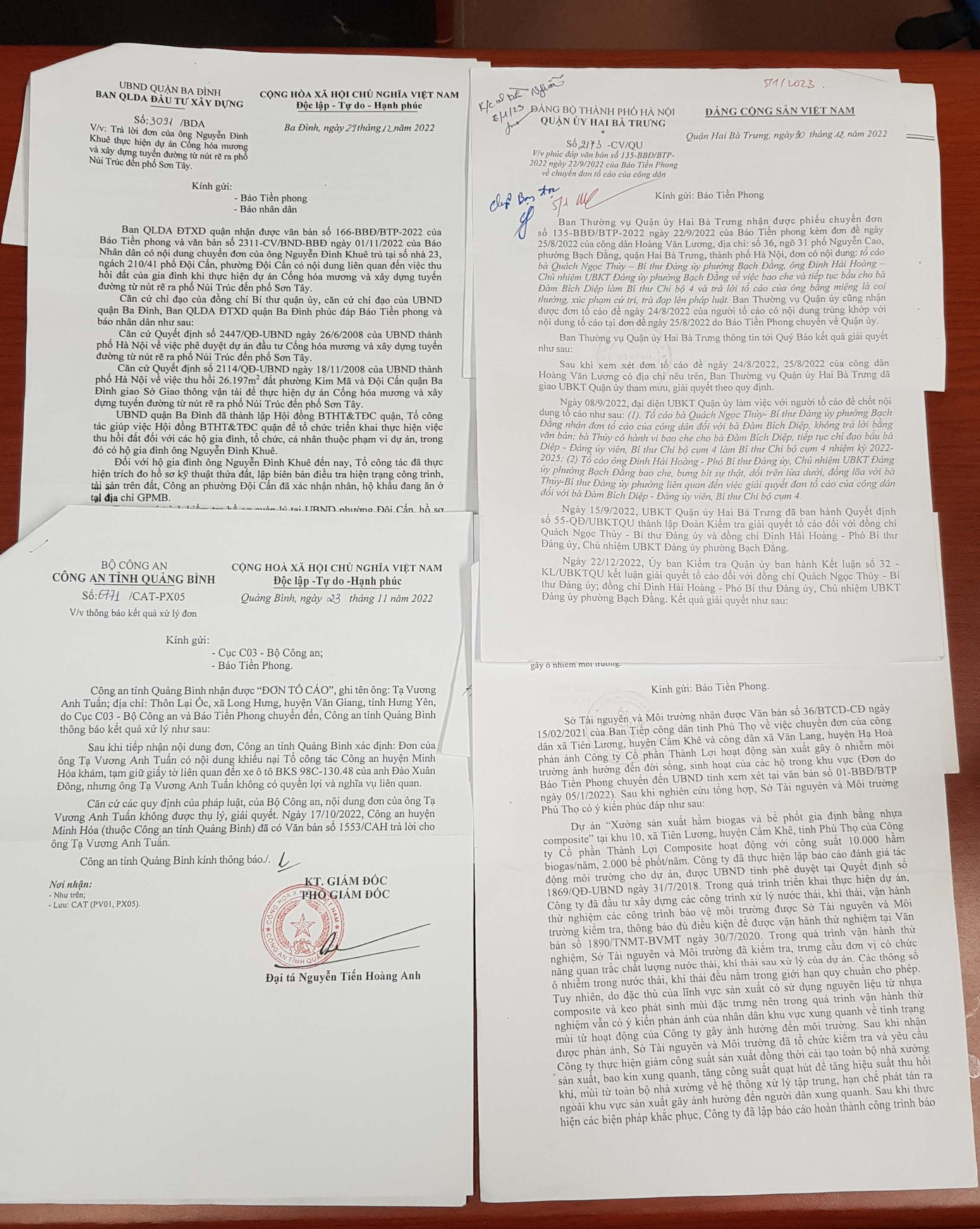 Một số văn bản trả lời báo Tiền Phong của các cơ quan chức năng