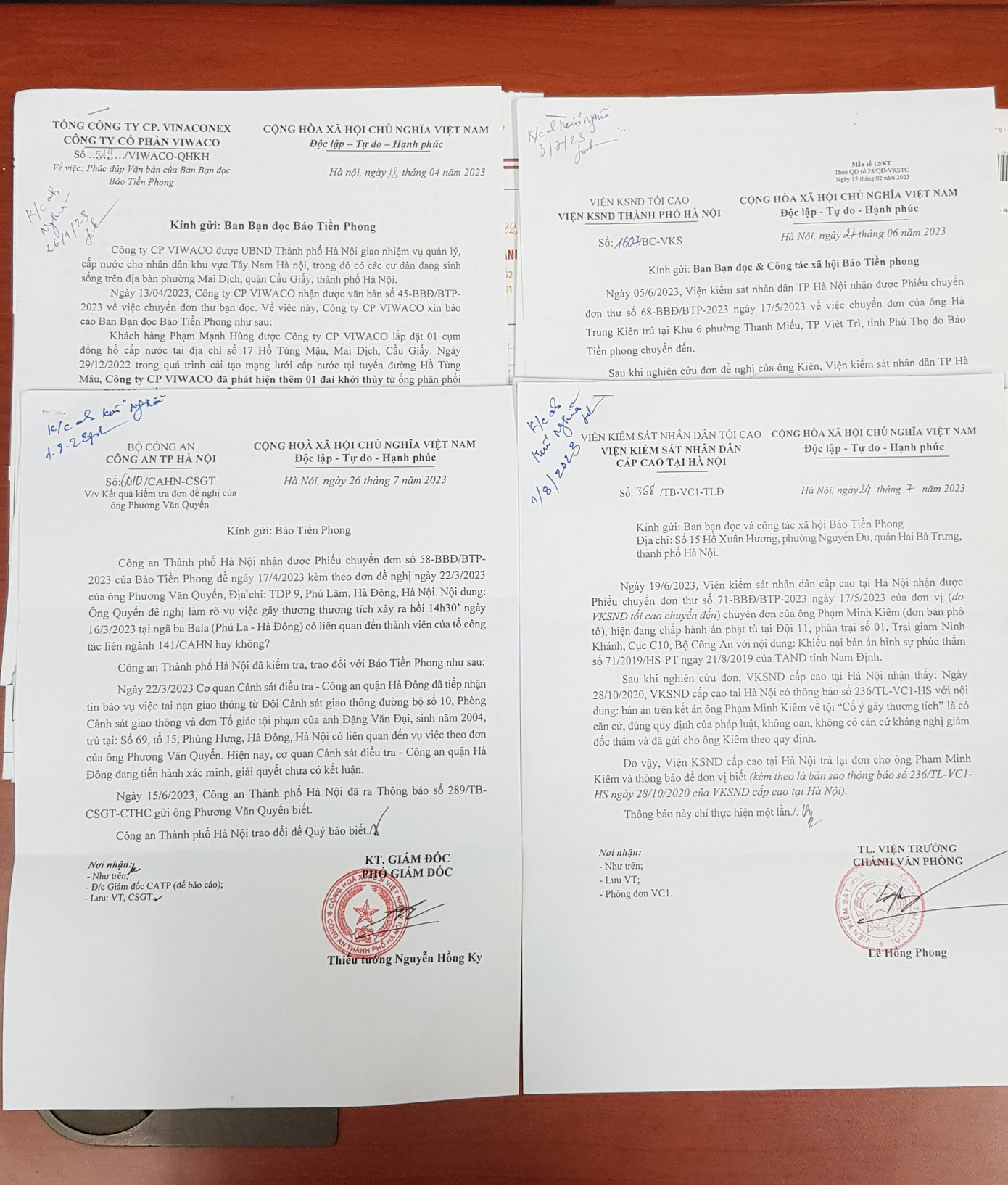 Một số văn bản trả lời báo Tiền Phong của các cơ quan chức năng