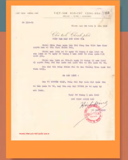 Sắc lệnh số 110-SL, ngày 20/1/1948, do Chủ tịch Hồ Chí Minh, ký phong hàm cho Đại tướng Võ Nguyên Giáp. Sắc lệnh số 110-SL, ngày 20/1/1948, do Chủ tịch Hồ Chí Minh, ký phong hàm cho Đại tướng Võ Nguyên Giáp.