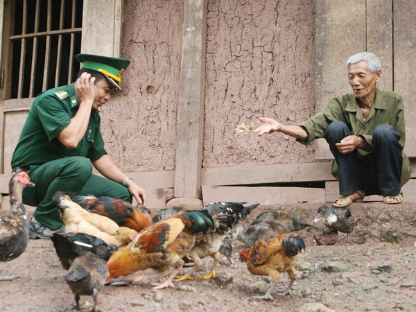 Ông Lý Kim Khoa đang chăm gà, vịt. Ông Lý Kim Khoa đang chăm gà, vịt