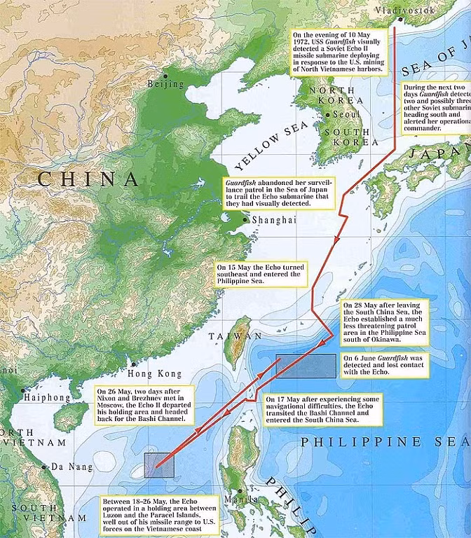 Sơ đồ cuộc phiêu lưu tàu ngầm trong chiến tranh Lạnh tháng 5 năm 1972. Cuộc phiêu lưu trong chiến tranh Lạnh. Tháng 5 năm 1972. Nhìn từ quan điểm của kẻ thù tiềm năng