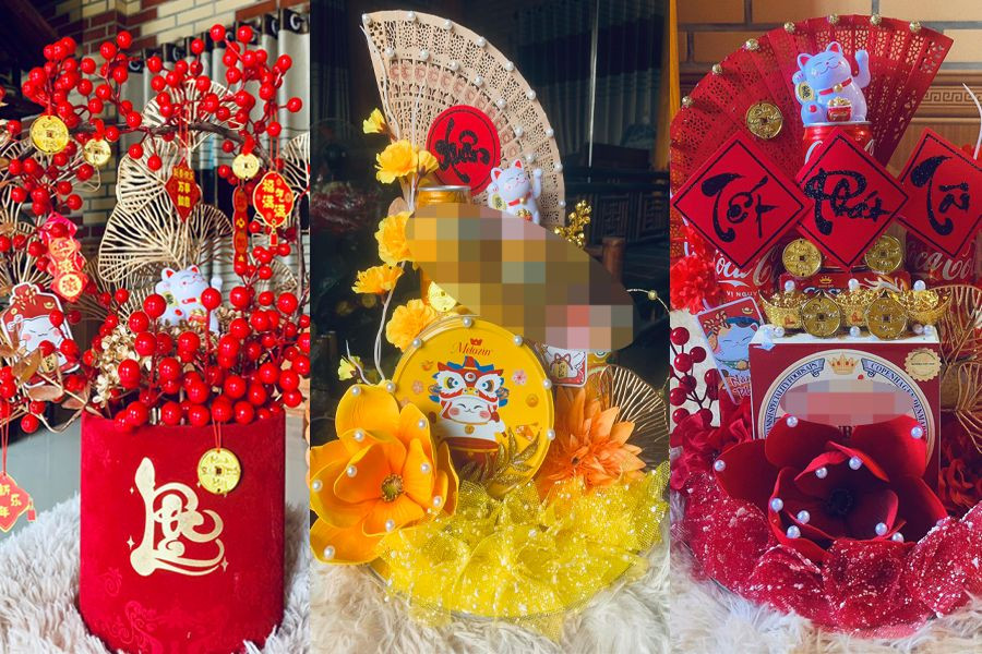 Những giỏ quà nhiều màu sắc tự tay Nhung trang trí. Ảnh: NVCC Những giỏ quà nhiều màu sắc tự tay Nhung trang trí. Ảnh: NVCC