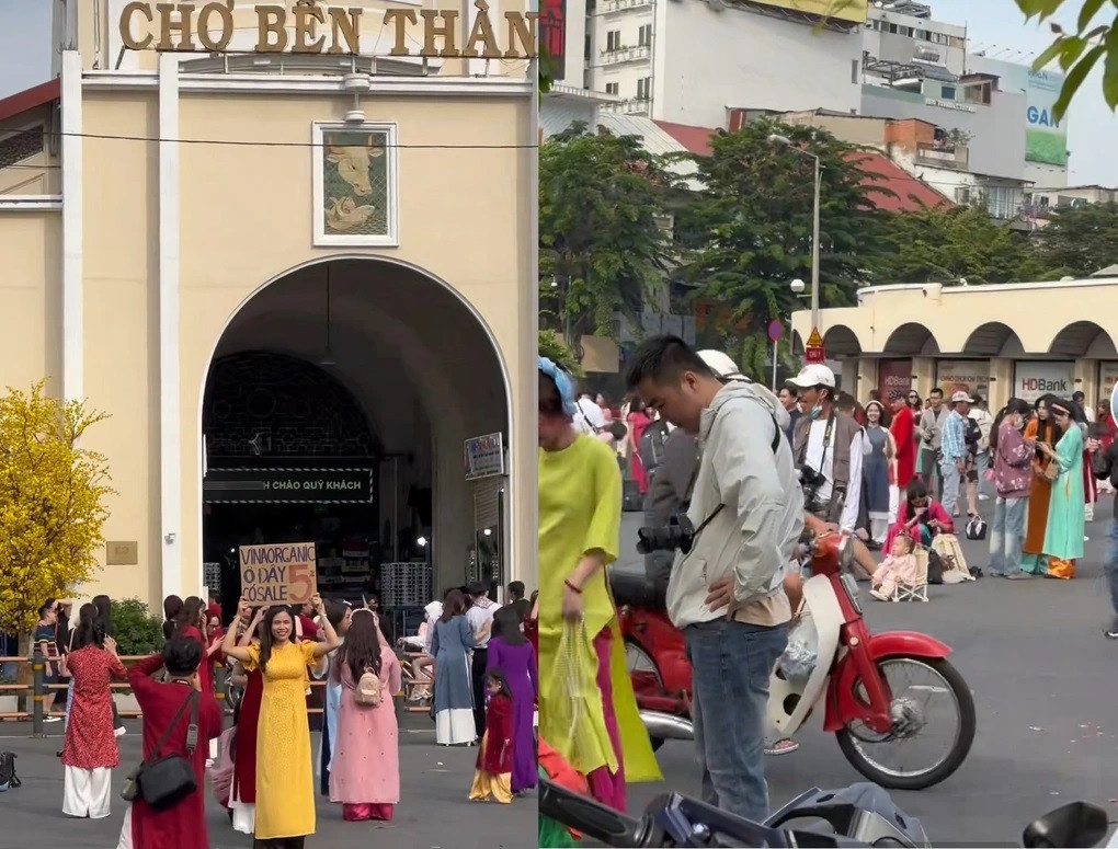 Bám chủ đề "Tết đến, xuân về", giới trẻ TPHCM rủ nhau chụp bộ ảnh áo dài tại những địa điểm nổi tiếng. Trong đó, trước cổng chợ Bến Thành được cho là "thất thủ" thời gian gần đây. Thậm chí, tình trạng đông đúc vẫn kéo dài vào những ngày trong tuần (Ảnh: LeThao). Bám chủ đề "Tết đến, xuân về", giới trẻ TPHCM rủ nhau chụp bộ ảnh áo dài tại những địa điểm nổi tiếng. Trong đó, trước cổng chợ Bến Thành được cho là "thất thủ" thời gian gần đây. Thậm chí, tình trạng đông đúc vẫn kéo dài vào những ngày trong tuần (Ảnh: LeThao).