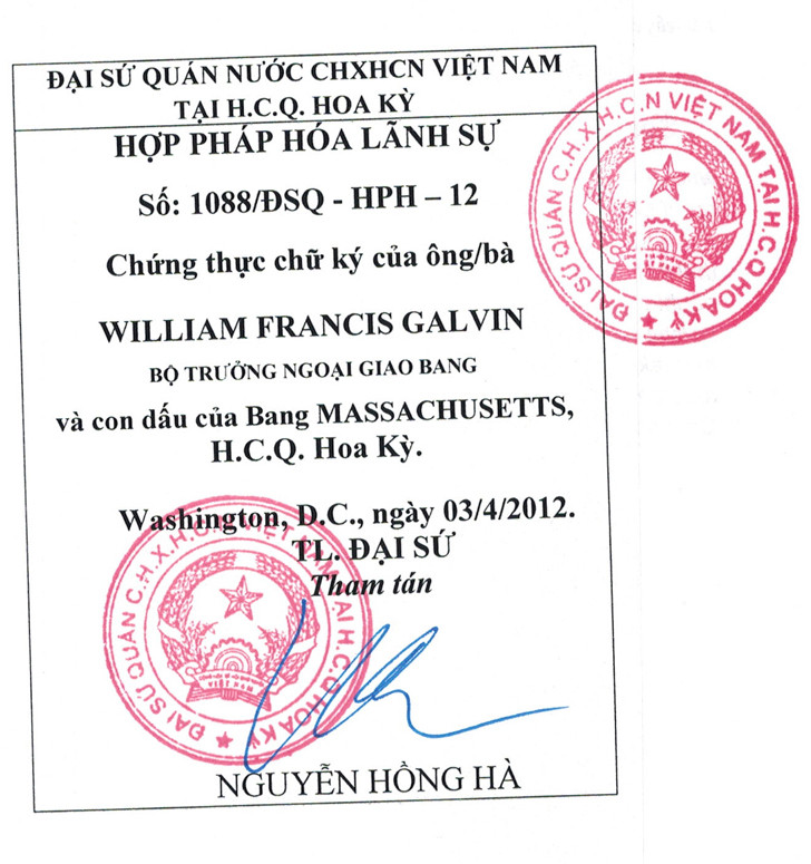 Chứng thực của Đại sứ quán Việt Nam tại Hoa Kỳ. Ảnh: CTV