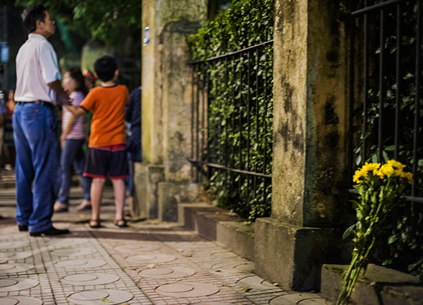 Một bó hoa cúc vàng được đặt trước hàng rào trước cửa nhà Đại Tướng