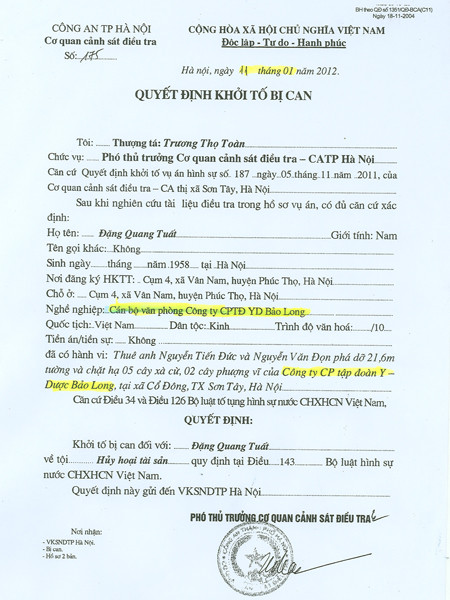 Quyết định khởi tố bị can ông Tuất.