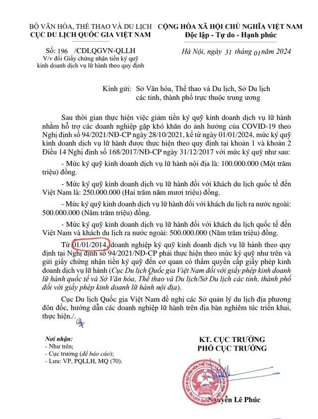 Cục Du lịch quốc gia Việt Nam thu hồi và thay thế công văn về mức ký quỹ kinh doanh lữ hành quốc tế.
