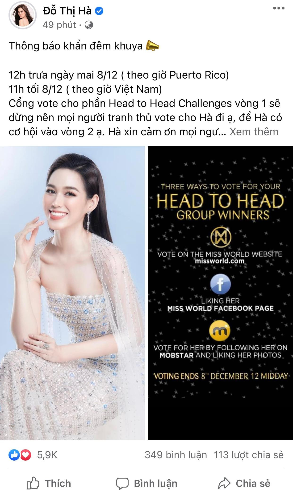 Đỗ Thị Hà kêu gọi bình chọn cho phần thi Head to Head Challenge.