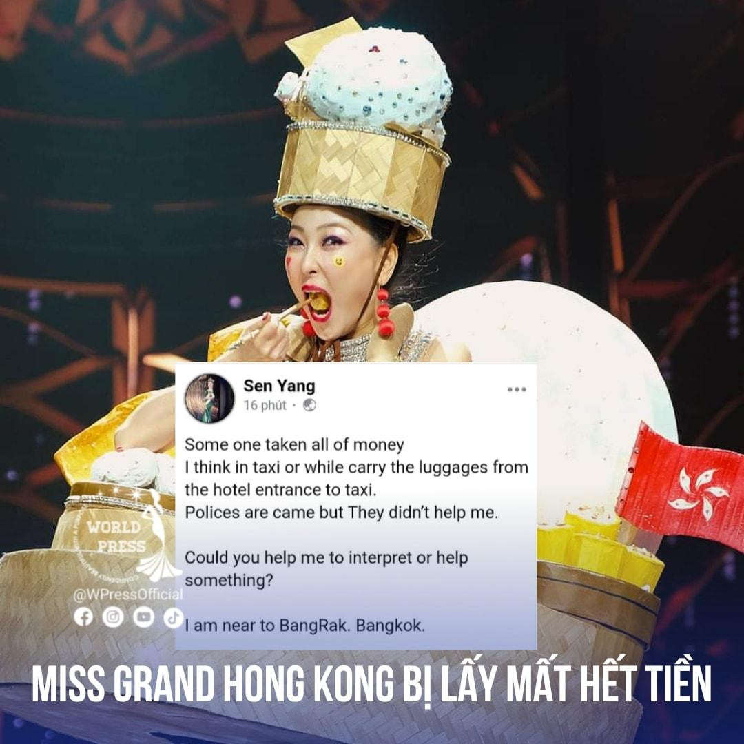 Miss Grand Hong Kong cầu cứu vì bị mất sạch tiền sau đêm chung kết.