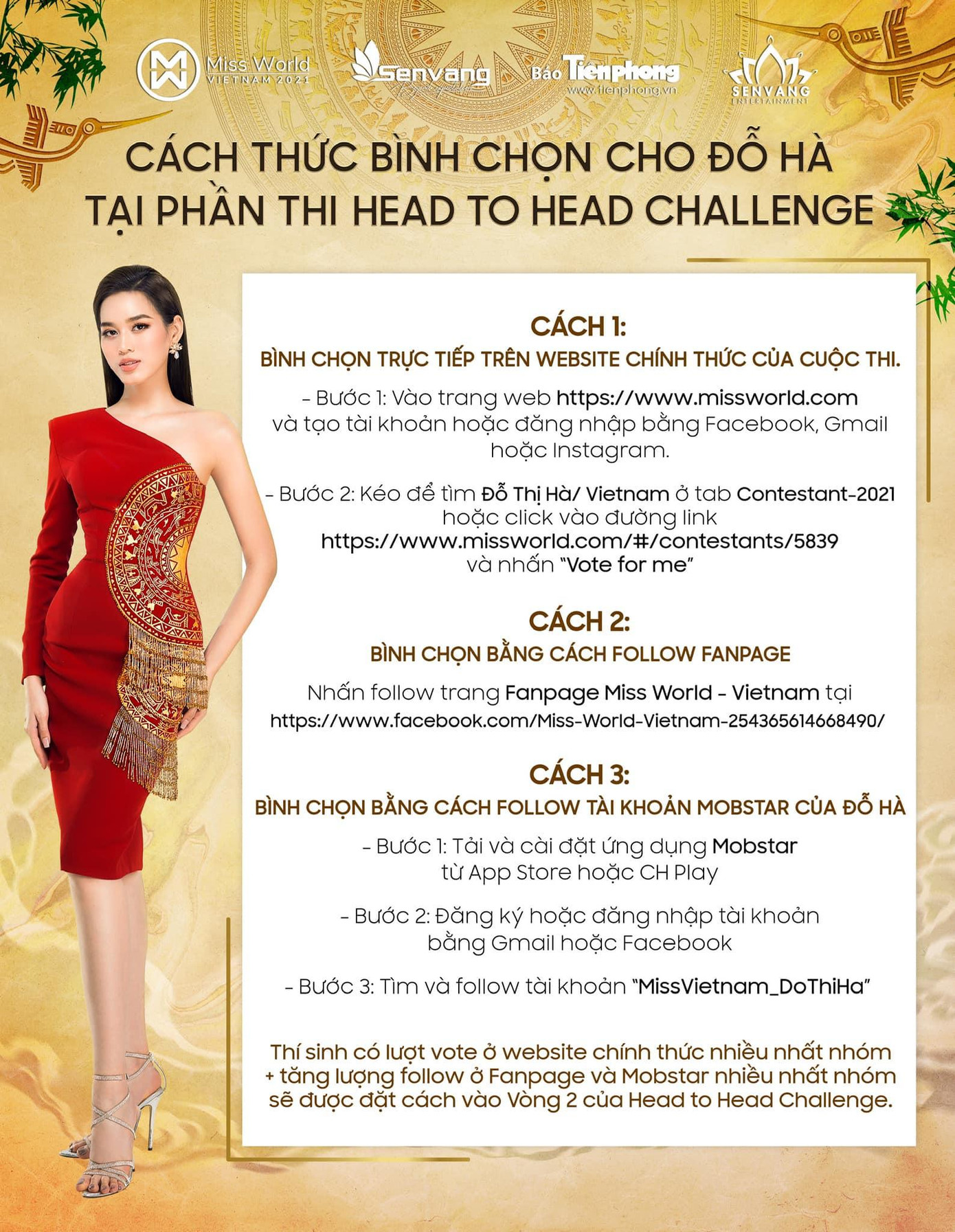 Cách thức bình chọn cho Đỗ Thị Hà trong phần thi phần thi Head to Head Challenge.