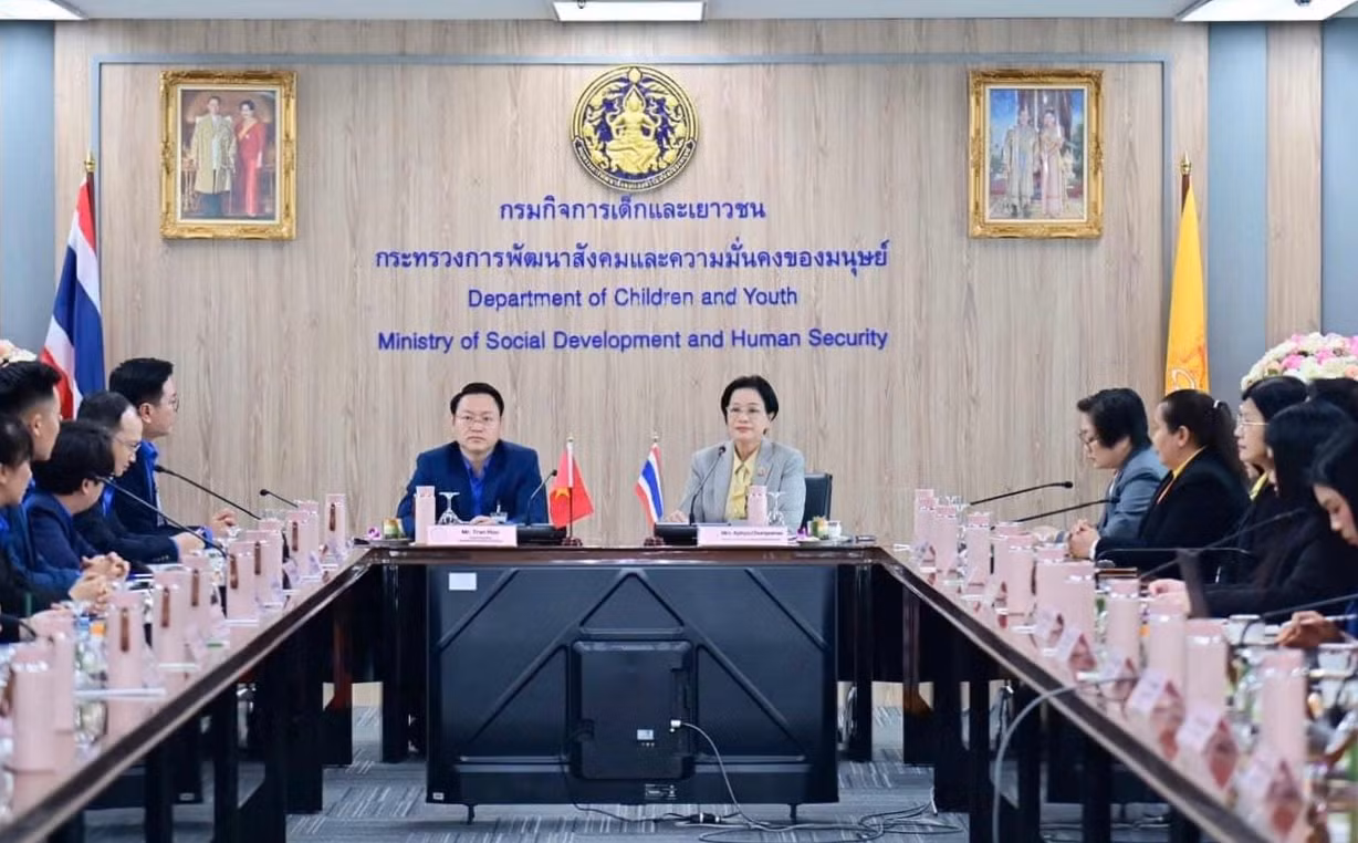 Quang cảnh buổi làm việc của đoàn công tác T.Ư Đoàn, UBQG về Thanh niên Việt Nam và Cục Trẻ em và Thanh thiếu niên, Bộ Phát triển Xã hội và An sinh Thái Lan. Ảnh: BQT