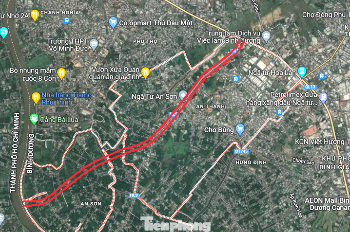 Vị trí dự án đường Vành đai 3 đoạn qua tỉnh Bình Dương nhìn từ vệ tinh Vị trí dự án đường Vành đai 3 đoạn qua tỉnh Bình Dương nhìn từ vệ tinh