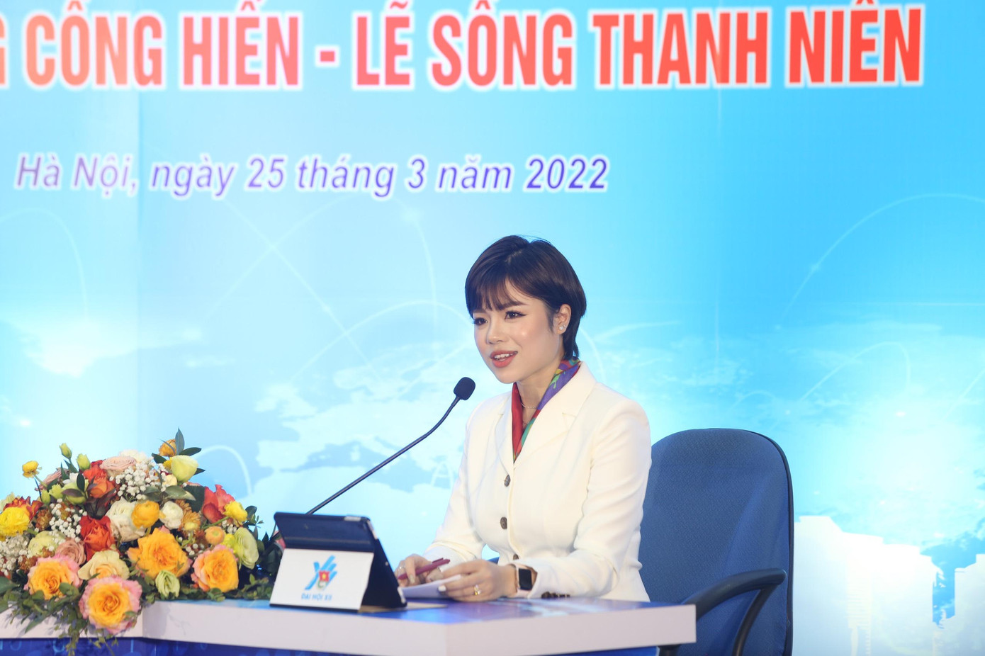 MC Thái Trang dẫn chương trình đối thoại giữa Bí thư thứ nhất T.Ư Đoàn với đoàn viên, thanh niên trong và ngoài nước. - Ảnh: Duy Phạm MC Thái Trang dẫn chương trình đối thoại giữa Bí thư thứ nhất T.Ư Đoàn với đoàn viên, thanh niên trong và ngoài nước. - Ảnh: Duy Phạm