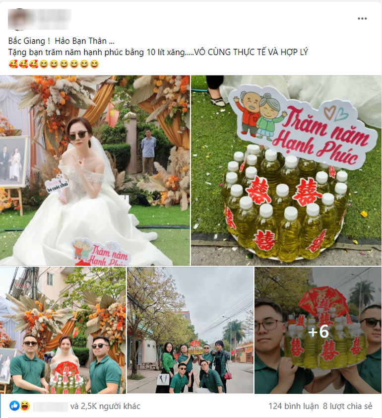 Loạt ảnh chụp cảnh cô dâu Bắc Giang nhận quà cưới là 10 lít xăng từ nhóm bạn thân thu hút nhiều sự chú ý từ cư dân mạng (Ảnh chụp màn hình). Loạt ảnh chụp cảnh cô dâu Bắc Giang nhận quà cưới là 10 lít xăng từ nhóm bạn thân thu hút nhiều sự chú ý từ cư dân mạng (Ảnh chụp màn hình).