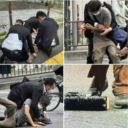 Tetsuya Yamagami bị khống chế tại hiện trường và khẩu súng tự chế. Ảnh: Kyodo. Tetsuya Yamagami bị khống chế tại hiện trường và khẩu súng tự chế. Ảnh: Kyodo.