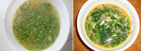 Bát canh suông lõng bõng sau khi hớt hết thịt (ảnh trái) và bát canh cua mồng tơi thơm ngon do bà nội trợ tự tay rửa, giã cua