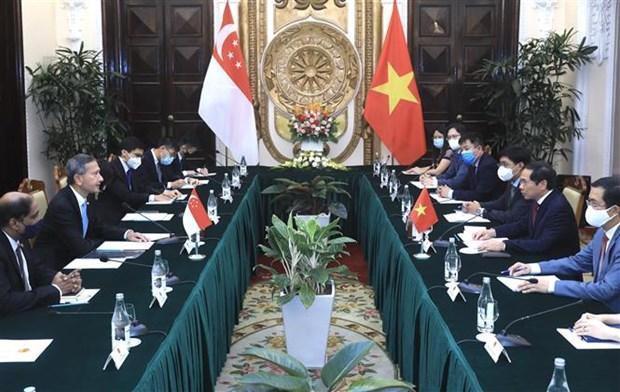 Bộ trưởng Bộ Ngoại giao Bùi Thanh Sơn hội đàm với Bộ trưởng Ngoại giao Singapore Vivian Balakrishnan, ngày 21/6/2021 tại Hà Nội. (Ảnh: Lâm Khánh/TTXVN)