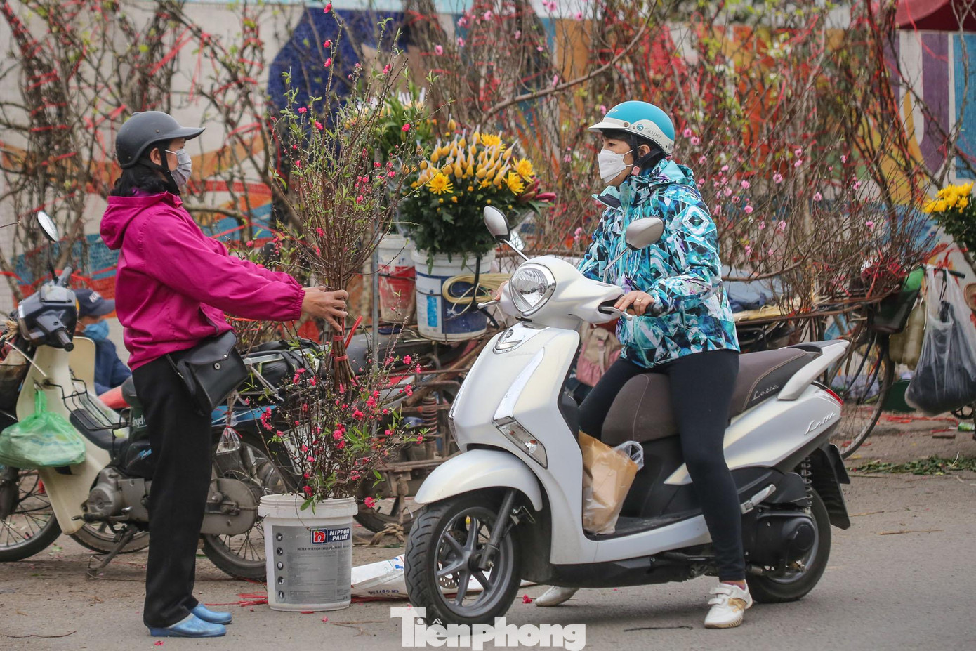 Nhộn nhịp khách mua tại các khu vực bán đào trên phố Thủ đô.