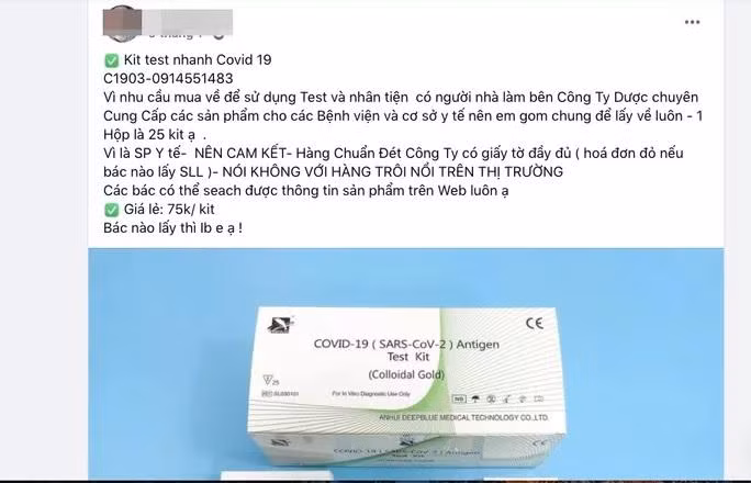 Kit test nhanh COVID-19 được rao bán tràn lan trên các trang mạng xã hội