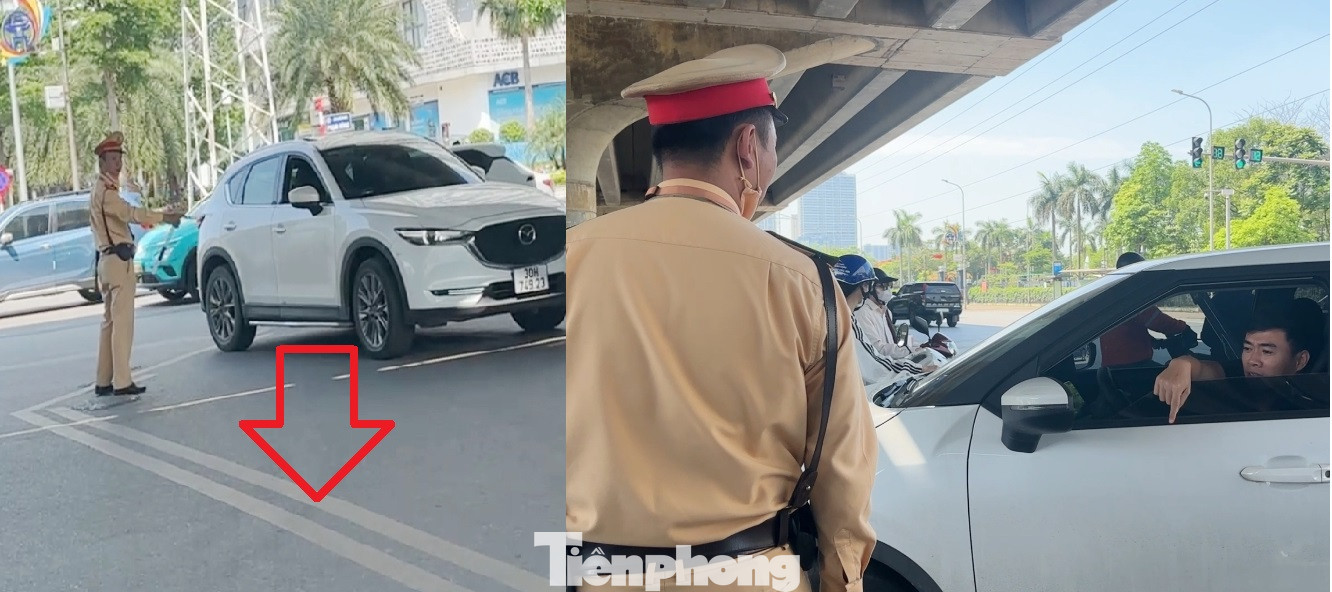 Tuy nhiên, nhiều lái xe phản ánh họ đang gặp phải khó khăn khi qua nút, đó là các vạch chia làn xe tại trung tâm nút đều là vạch liền (mũi tên ảnh trái), nếu giờ cao điểm xe đông nhiều xe sẽ phải đứng ngoài vạch, thậm chí đè vạch sơn để chờ đèn đỏ, việc này theo quy định họ sẽ bị xử phạt nặng lỗi dừng không đúng làn, hoặc xe đè vạch. Trong ảnh: Sáng 13/5, một lái xe khi qua nút giao đã phải hạ kính xe xuống phản ánh trực tiếp bất cập này với CSGT, lái xe cho rằng tại đây chỉ nên kẻ vạch đứt để tạo cơ động trong di chuyển nếu ùn tắc xảy ra.