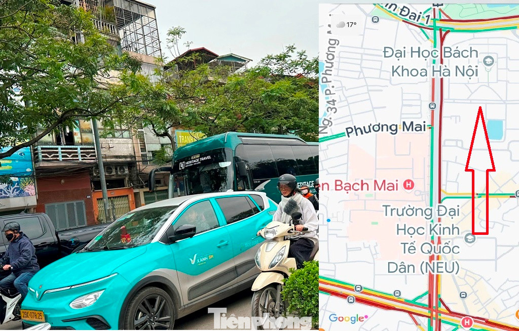 Trên đường Giải Phóng, ùn tắc xảy ra từ nút giao Giải Phóng - Đại Cồ Việt đến qua nút ngã tư Vọng - kéo dài hơn 1 km.