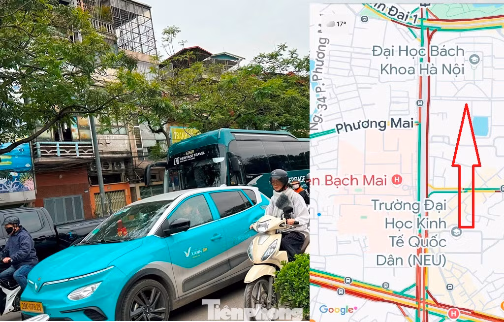 Trên đường Giải Phóng, ùn tắc xảy ra từ nút giao Giải Phóng - Đại Cồ Việt đến qua nút ngã tư Vọng - kéo dài hơn 1 km.