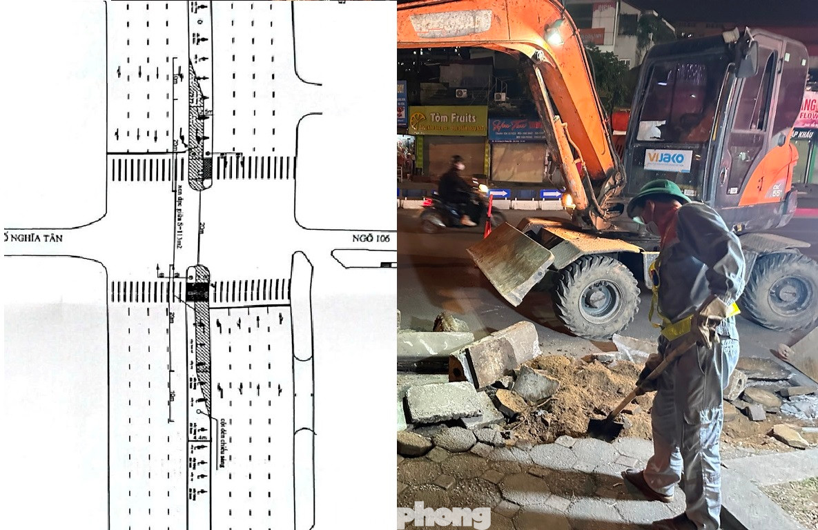 Tại nút Hoàng Quốc Việt- Nghĩa Tân - ngõ 106 Hoàng Quốc Việt, đơn vị thi công thực hiện xén dải phân cách giữa để mở rộng làn đường rẽ trái từ Hoàng Quốc Việt vào đường Nghĩa Tân và ngõ 106 Hoàng Quốc Việt, chiều dài 30m rộng gần 4m (diện tích 113 m2).