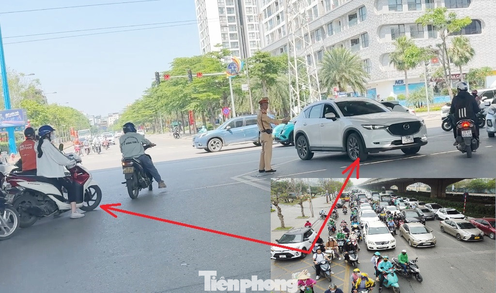 Theo phương án tổ chức giao thông mới vừa được liên ngành Công an - Xây dựng thống nhất, thay vì xe dừng trên đường Phạm Hùng (ảnh nhỏ), từ nay ô tô, xe máy được di chuyển vào trung tâm nút giao (gầm đường trên cao Vành đai 3 - mũi tên) để chờ đèn đỏ.