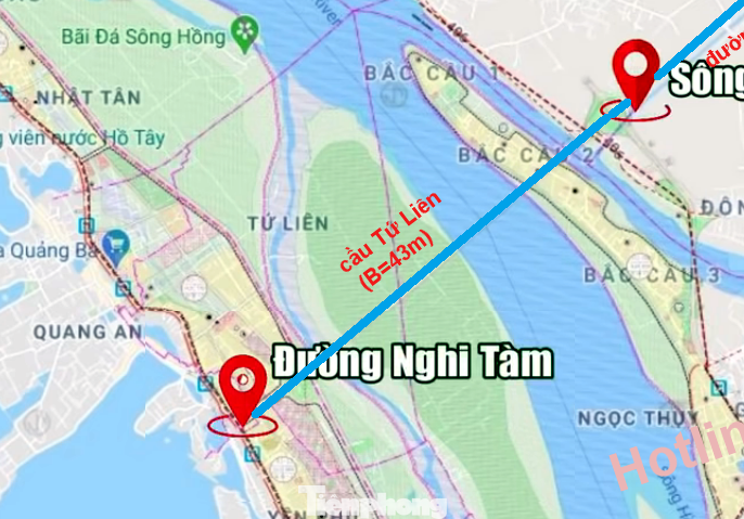 Vị trí được xác định xây cầu Tứ Liên trên địa bàn quận Tây Hồ và Đông Anh