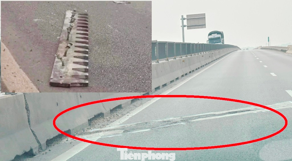 Trước đó, trong tháng 2/2025, tuyến cao tốc QL45 - Nghi Sơn từng xảy ra sự việc một số khe co giãn hư hỏng, bong bật lên khỏi mặt đường (ảnh nhỏ), khiến một số ô tô đâm trúng, bị thủng lốp. Nhưng ghi nhận hiện nay, nhiều khe co giãn trên tuyến vẫn còn hư hỏng và chưa được sửa chữa, thay thế (vòng tròn đỏ). Trước đó, trong tháng 2/2025, tuyến cao tốc QL45 - Nghi Sơn từng xảy ra sự việc một số khe co giãn hư hỏng, bong bật lên khỏi mặt đường (ảnh nhỏ), khiến một số ô tô đâm trúng, bị thủng lốp. Nhưng ghi nhận hiện nay, nhiều khe co giãn trên tuyến vẫn còn hư hỏng và chưa được sửa chữa, thay thế (vòng tròn đỏ).