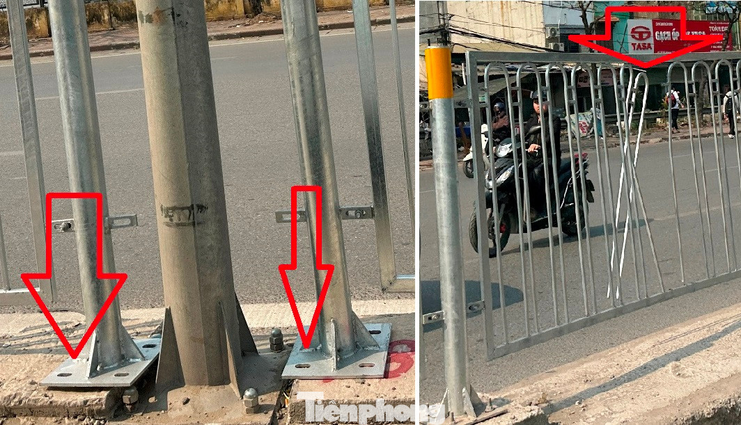 Ở một số vị trí hàng rào sắt vừa được lắp dựng, người đi đường còn tận mắt trông thấy một số tấm sắt chỉ mới dựng trên đường, chưa được vắt ốc vít, ốc khoan để giằng giữ chắn chắn (ảnh trái); một số bờ lan can vừa lắp đặt nhưng đã bong then, nan sắt trong khung (ảnh phải).