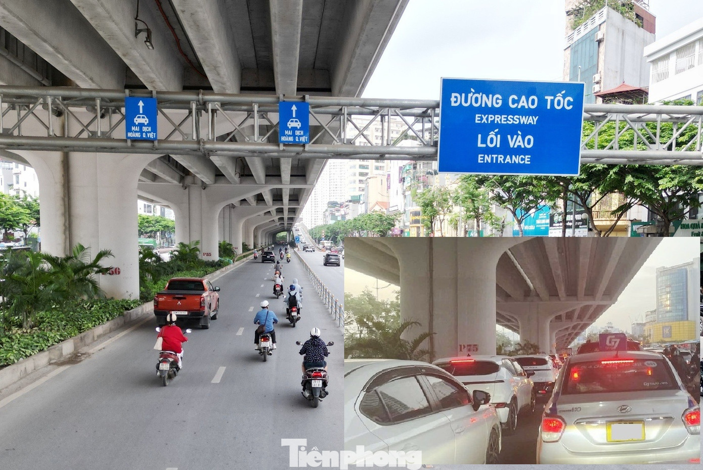 Do lượng ô tô, xe khách vào giờ cao điểm đông nên khi bị "co" từ 6 làn xuống 2 làn, các phương tiện ô tô bị ùn tắc kéo dài (ảnh nhỏ).