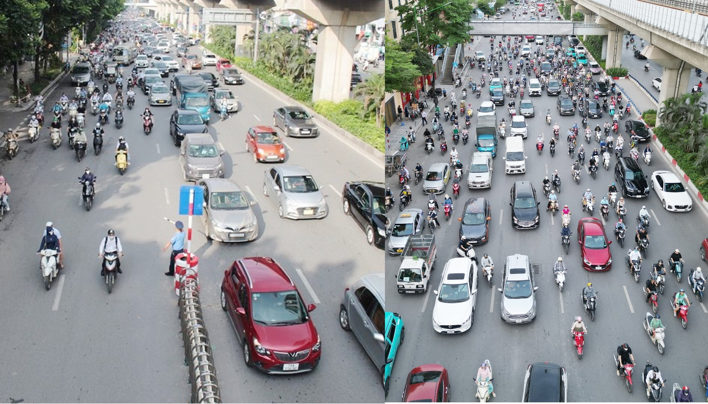 Hình ảnh cùng một vị trí trên đường Nguyễn Trãi vào tháng 8/2022 khi thực hiện phân làn (ảnh trái) và tháng 7/2025 khi xe đi lại tự do (ảnh phải). Hình ảnh cùng một vị trí trên đường Nguyễn Trãi vào tháng 8/2022 khi thực hiện phân làn (ảnh trái) và tháng 7/2025 khi xe đi lại tự do (ảnh phải).