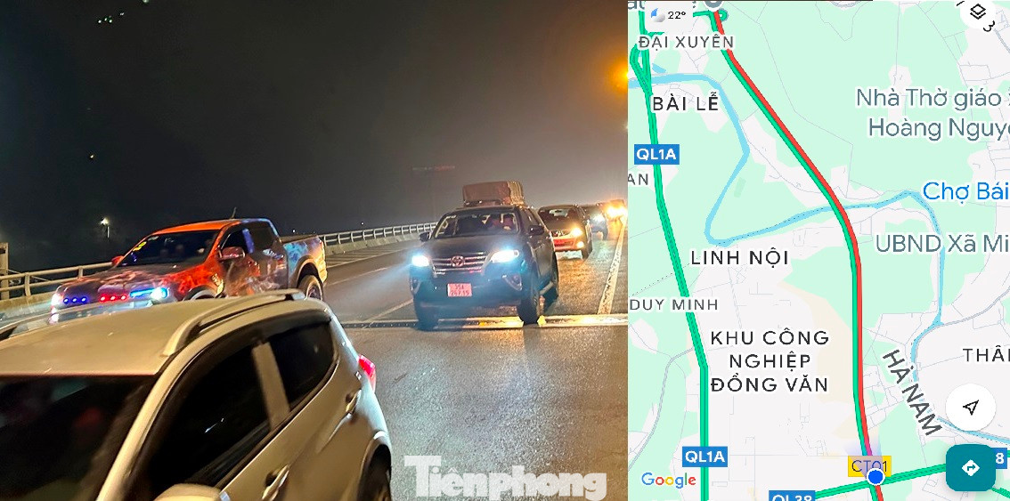 Thời điểm 21h30 hệ thống bản đồ Google maps ghi nhận, đoạn đường bị ùn tắc (màu đỏ) kéo dài từ nút giao Vực Vòng (QL38) đến qua nút giao Đại Xuyên - Cầu Giẽ (Hà Nội), dài hơn 10 km. Thời điểm 21h30 hệ thống bản đồ Google maps ghi nhận, đoạn đường bị ùn tắc (màu đỏ) kéo dài từ nút giao Vực Vòng (QL38) đến qua nút giao Đại Xuyên - Cầu Giẽ (Hà Nội), dài hơn 10 km.