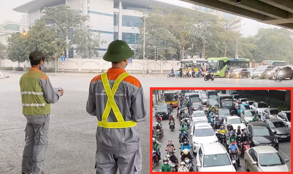 Sở Xây dựng Hà Nội thực hiện đếm xe và tổ chức lại giao thông ở nút giao Phạm Hùng - Đỗ Đức Dục. Ảnh: T.Đảng