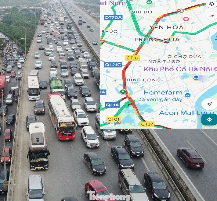 Ngay thời điểm 16h ngày 15/1, chưa đến giờ cao điểm chiều nhưng Vành đai 3 đã ùn tắc từ dốc cầu Thanh Trì đến gần cầu Thăng Long, dài gần 30 km, biến đường Vành đai 3 "đối ngoại" thành Vành đai đỏ (ảnh nhỏ).