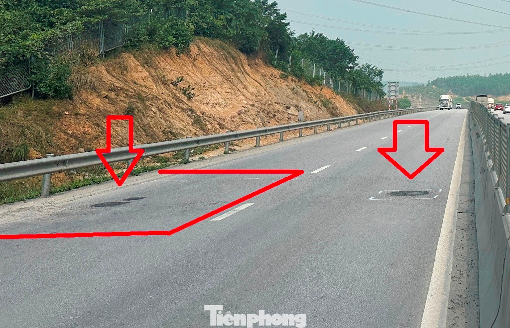 Ghi nhận của PV Tiền Phong trong mấy ngày qua, mặt đường cao tốc xuất hiện tình trạng nứt rách, sau đó hình thành các ổ gà (khung và mũi tên đỏ) xảy ra từ đoạn từ nút giao Vạn Thiện (Nống Cống) đến cầu Yên Mỹ (thị xã Nghi Sơn, Thanh Hóa). Ghi nhận của PV Tiền Phong trong mấy ngày qua, mặt đường cao tốc xuất hiện tình trạng nứt rách, sau đó hình thành các ổ gà (khung và mũi tên đỏ) xảy ra từ đoạn từ nút giao Vạn Thiện (Nống Cống) đến cầu Yên Mỹ (thị xã Nghi Sơn, Thanh Hóa).