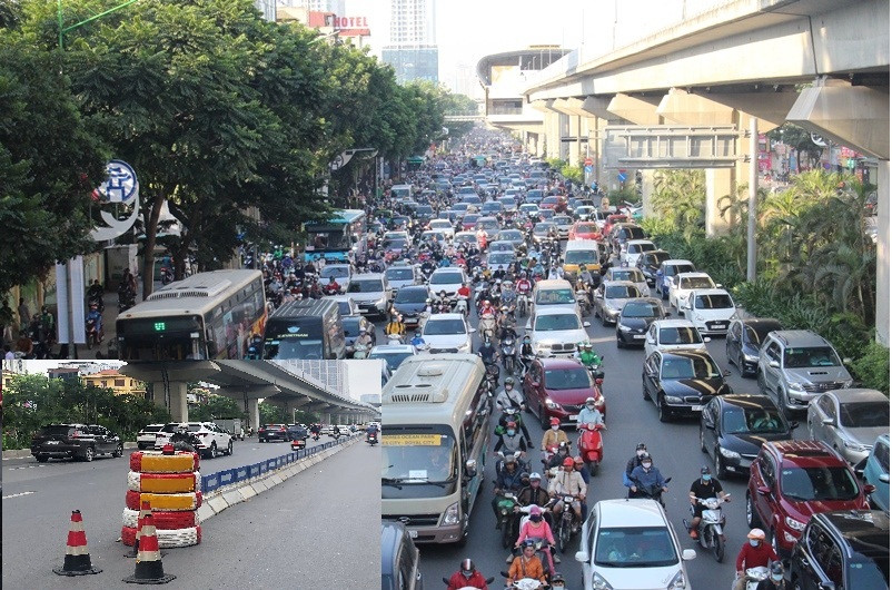 Thực trạng xe đi hỗn hợp sau 3 năm thực hiện phân làn trên đường Nguyễn Trãi. Ảnh nhỏ: Dựng lốp ô tô và dải phân cách cứng để phân làn đường Nguyễn Trãi năm 2022.